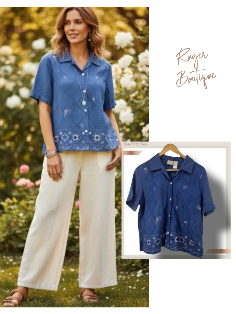 🌿Koret City Blues Women's DenimEmbroidered Button up Short Sleeve Top